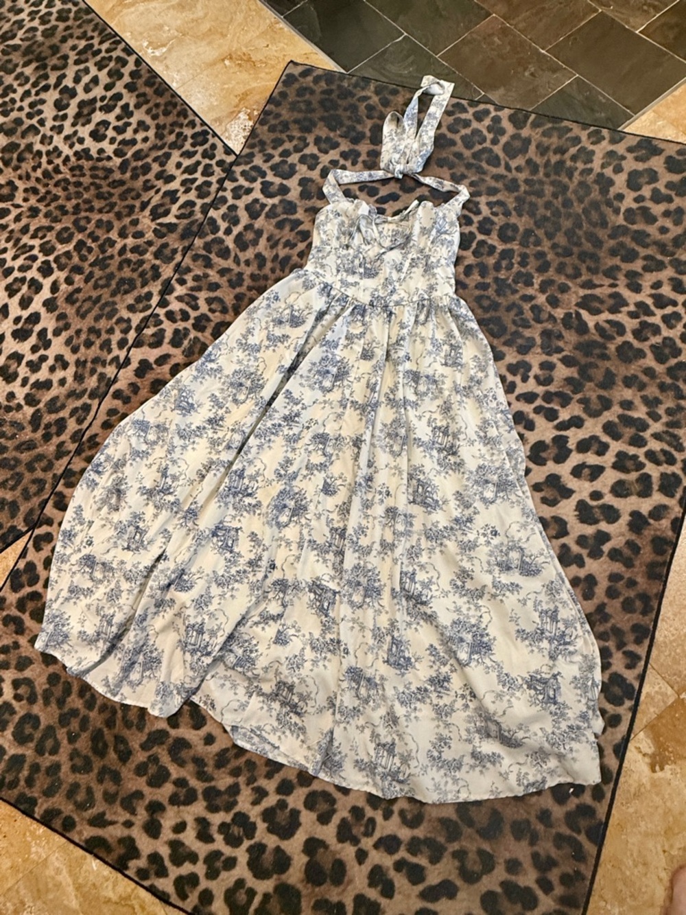 Light Cream & Blue Toile Halter Maxi Dress